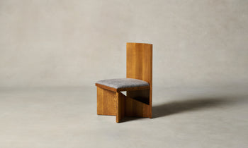 venice wooden chair in golden oak with grey linen seat and geometric design