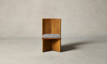 venice wooden chair in golden oak with grey linen seat and geometric design - front view