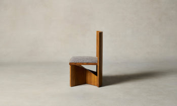 venice wooden chair in golden oak with grey linen seat and geometric design - side view