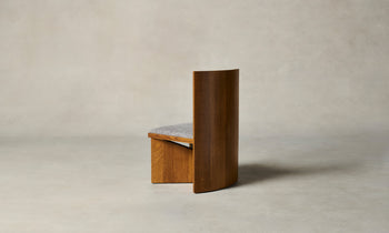 venice wooden chair in golden oak with grey linen seat and geometric design - back view