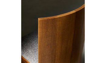 venice wooden chair in golden oak with grey linen seat and geometric design - close up view