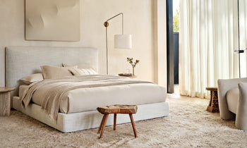 wythe upholstered bed in off-white linen in a modern bedroom