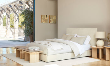 wythe upholstered bed in off-white linen in a modern minimalistic bedroom